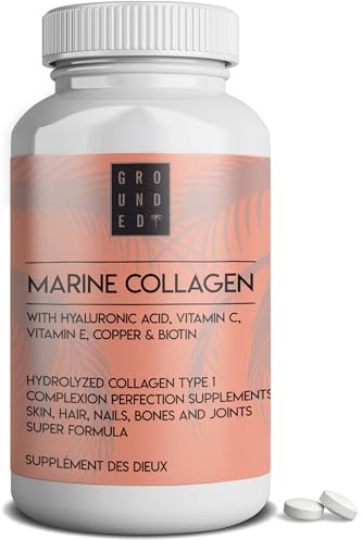 Hydrolysed Marine Collagen Complex | 60 Tablets | Hyaluronic Acid, Vitamin C, Vitamin E, Copper & Biotin | Super Strength Type 1 Collagen Supplement for Skin, Hair, Nails, Bones & Joints | Grounded UK