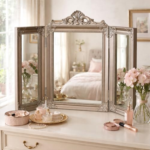 HomeZone Espejo de tocador dorado de pie, triple plegable, de cristal ornamentado, para baño, dormitorio, tocador