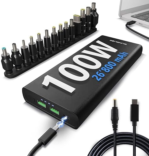 Sunslice | Externer Akku für Laptop UND Telefon. Powerbank 26800mAh USB-C 100W. Kompatibel mit der großen Mehrheit der Laptops. Inklusive Universal-Adapterset