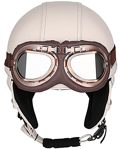 Motorrad Halbschalenhelm Erwachsene Unisex Motorradhelme Mit Offenem Gesicht Retro Lokomotive Moped Rollerhelm Für Herren Damen Mit Brille DOT/ECE Zugelassener Sommer Crash Jet Helm,Weiß,M