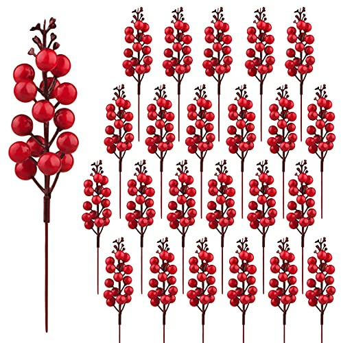 Fangoo 24 Stück Rote Beeren Stiele,Künstliche Burgunder Picks Stechpalme Rote Beeren Zweige Weihnachtsbeeren Stiel Picks für Weihnachtsbaum DIY Handwerk Hochzeit Feiertage Winter Dekoration