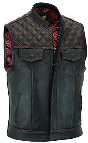 Leatherick Groove Club Gilet Pelle Uomo - Fodera in Raso Paisley Tradizionale Con Cuciture a Rombi Rossi (4XL)