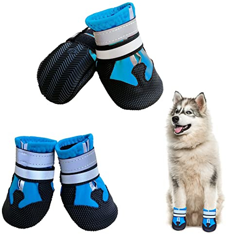 NeuWook Hundeschuhe, 4er-Set wasserdichte Hundeschuhe Anti-rutsch Hundestiefe mit reflektierendem Riemen, Breathable Hundestiefel Pfotenschutz für Kleine Mittelgroße Hunde (XXL, Blau)