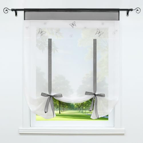 Joyswahl Raffrollo mit Tunnelzug Raffgardine Landhausstil Wohnzimmer Fenster Vorhänge Weiß Lichtdurchlässig Schmetterling Muster Bestickt BxH 60x120cm Grau