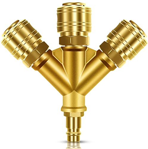 3-Fach Druckluftverteiler mit Kupplungen, 1/4 Luftschlauch Verteiler | Messing Druckluft Verteiler mit Außengewinde & Dichtung NW 7,2 Luftweiche