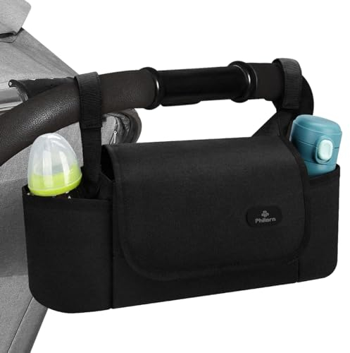PHILORN Borsa per Passeggino Universale, Carrozzina Organizer Passeggino con Portabicchieri Isolati Tracolla, Borsa Passeggino Piccola Portatile Fissaggio saldo 3 Modi di Trasporto