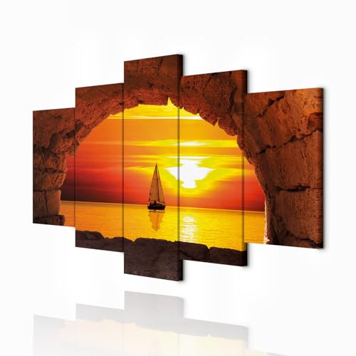 decomonkey - Tableau Acoustique Paysage Mer 200x100 5 Pièces - Impression sur Toile Décoration Isolation Phonique Déco Bureau Architecture lac pierre paysage ciel eau coucher de soleil voiliers