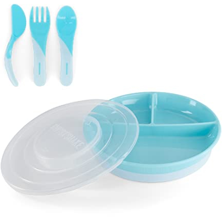 Twistshake Babygeschirr-Set | Geteilter Teller + Besteck 6m+ | BPA-frei | Ernährungstrainingsset für Kinder | Blau