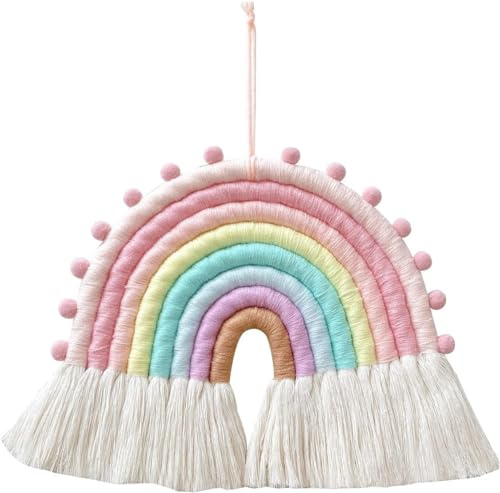 Makramee-Regenbogen-Wandbehang, Dekoration, handgefertigt, Bommel-Girlande, Regenbogen-Dekor für Kinderzimmer, Mädchen, Schlafzimmer, Babyparty, Kinderzimmer-Dekorationen