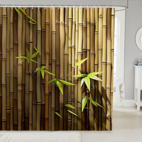 Tizhweqo Duschvorhang 180x200 Bambus, Wasserdicht Anti Schimmel Duschvorhänge 3D Bambusblätter, Shower Curtains Waschbar mit 12 Ringe, Duschrollo für Badewanne, Badezimmer MQ943