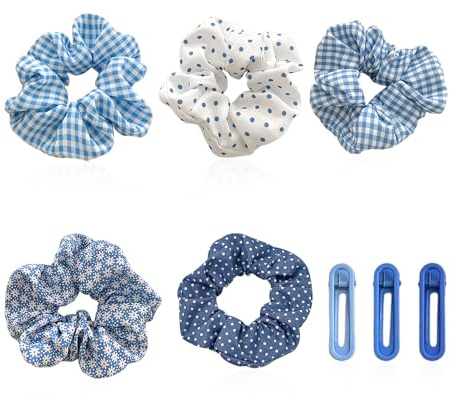5 gomas para el pelo, 3 pinzas para el pelo, gomas para el pelo para mujer, gomas para el pelo a cuadros y lunares, accesorios para el cabello a cuadros azules, accesorios para el pelo de cola de