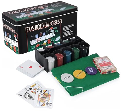 EVOKK 200-Piece Poker Set with Texas Hold'em and Blackjack Games: Includes Poker Chips, Mat, Tin Box, Casino Chips, Gambling Cards