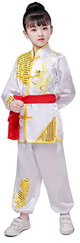 TREWQ Kinder Kung Fu Uniform Kampfkunst Training Kleidung mit Gürtel traditioneller chinesischer Drachen Performance Keeing White-130cm