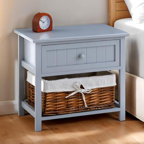 IDIMEX Nachttisch AKURE mit Weidenkorb grau - Schlafzimmer Nachtschrank mit Schublade und Korb, Beistelltisch Landhausstil, kleines Schränkchen, Nachtkommode aus Kiefernholz