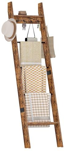 CHOEZON 5-Tier Blanket Ladder, Wooden Blanket Display Rack, Towel Ladder with Hooks, Wall Leaning Display Shelf, for Living Room, Bedroom, Balcony, Rustic Brown and Black MCJ02FG
