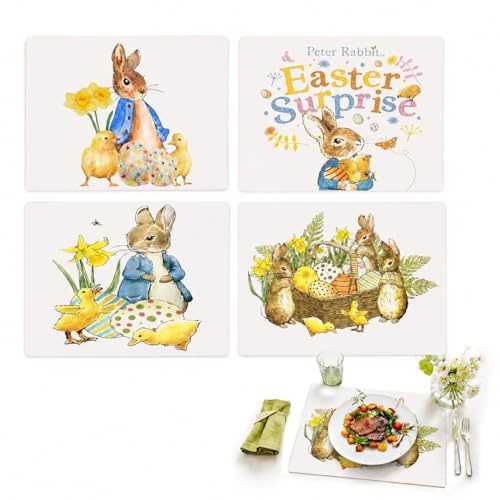 decoración de Pascua para Fiestas，Juego de 4 manteles Individuales,Decoraciones de Pascua - Conjunto de Mantelitos de Pascua para Mesa con Diseños de Conejo, Huevos, Pollitos y Flores