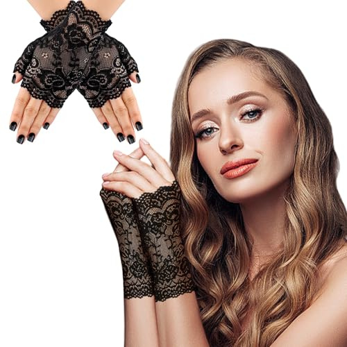 Gants en Dentelle Noire pour Femme, Mitaines Courtes en Dentelle, Costume Élégant pour Carnaval, Soirée À Thème Halloween, Gants D'opéra, Accessoire de Sorcière pour Mariage