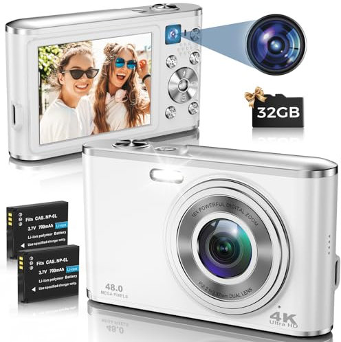 Digitalkamera, AutoFocus 4K Kompaktkamera Fotokamera mit Dual-Kamera mit 32GB Speicherkarte HD 48MP 16X Digitalzoom 2,8 großem Bildschirm Fotoapparat Digitalkamera für Einsteiger（Weiß）