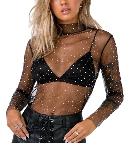 HTTDSLF Maglietta Donna Trasparente Sexy Camicette, Mesh Top Sexy Tunica, Nero Mesh Tops, Bluse Elegante Casual Clubwear T-Shirt in Tulle