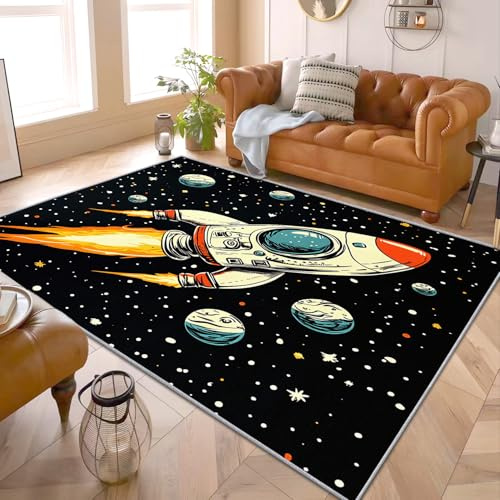 PaxGloz Teppich Rakete Kinderzimmer - Teppiche Wohnzimmer Schlafzimmer Weltraum, Kleiner Teppich Kosmos, Weich Kurzflor & Waschbar & rutschfest Fussmatte Innen, Kinderteppich 80x150 cm