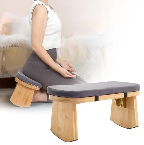 TYYIHUA Meditation Bench, Folding Meditation Chair, Bamboo Meditation Stool with Anti-Slip Mat, Adjustable Yoga Stool with Curved Bottom Edges