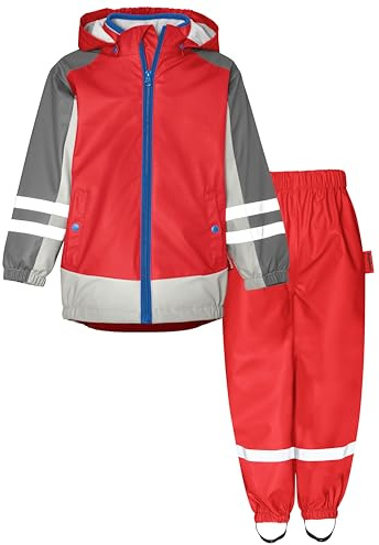 Playshoes regnset, tvådelad 3-i-1 regnjacka och regnbyxor, fleecefoder, Röd fleece linning, 128
