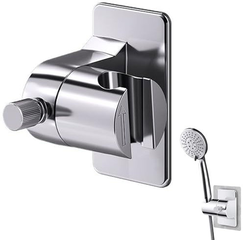 Supporto per Doccetta Senza Forare, Supporto Doccia Adesivo, Supporto per Doccia ad Angolo Regolabile, Girevole a 360°, Impermeabile e Antiruggine, Argento