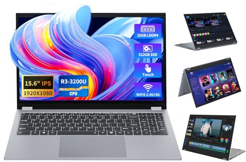 rumlawn Ordinateur Portable 2 en 1, 15,6 PC Portable 16Go RAM 512Go SSD, Portables Ryzen 3 3200U Processeur, Radeon Graphics GPU, Laptop 360°Flip Tactile Écran, Wi-FI 5, BT 5.1, RJ45, HDMI, Type-C