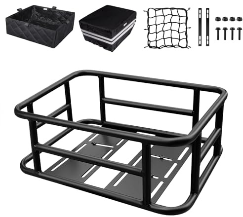 RAYMACE Bike Basket Rear Rack with Cargo Net, Liner and Waterproof Cover,Heavy Duty Bicycle Basket Perfect for Electric Bike