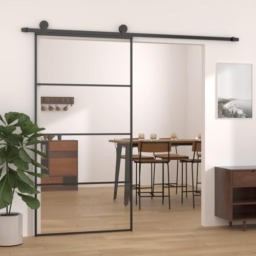 Vopese Puerta corredera Aluminio y ESG Vidrio Negra 102,5x205 cm Recubrimiento de Polvo Negro
