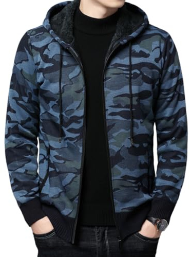 Shuanghao Homme à Capuche Hoodie-Cardigan Pull-Tricoté Veste en Maille Chandail-Sweater - Polaires Doublé Chaud Décontractée Casual Blouson Gilet Cardigan Automne Hiver Homme Bleu Camouflage XL
