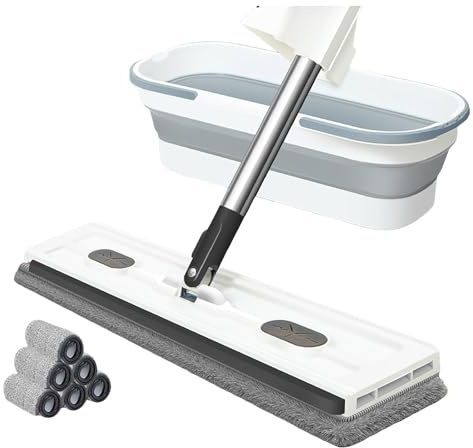 Grand set de balai plat pour la maison, système de balai et seau plat, balais pour le nettoyage des sols et nettoyant mural, avec seau pliable et 6 tampons en microfibre (Blanc)