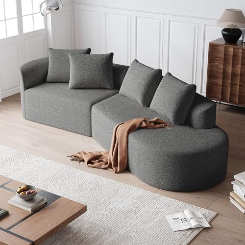 A ALFRESCOOL Sofa 4 Sitzer, Sofa mit Schlaffunktion, Ecksofa, Geschwungene Wolkencouch, Chenille, 4 Zierkissen, Frei Kombinierbares, für Wohnzimmer, Schlafzimmer, 294.4×91.4×81.2cm (Dunkelgrau)