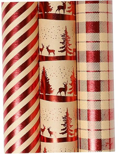 Weihnachtspapier, 3 Stück, Weihnachts-Geschenkpapierrollen, 43, 2 x 397, 8 cm, zum Verpacken mit Elch und Baum, Heißprägung, schneidbar, zum Selbermachen