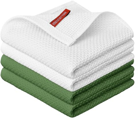 Artoid Mode White Green 100% Cotton Soft Kitchen Cleaning Cloths 34 x 34 cm, Pack of 4 Dish Cloths Towels Absorbent Washable for Washing up