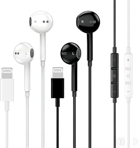 Confezione da 2 auricolari cablati per iPhone, compatibili con iPhone 14/13/12/11/8/7/X/Pro/Pro Max iPad, cuffie intrauricolari Lightning certificate Apple MFi (bianco e nero)