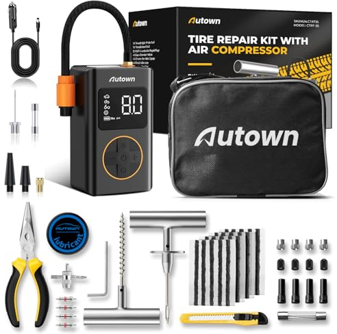 AUTOWN Reifenreparaturset mit Elektrische Luftpumpe,54-teilig Reifenreparaturset Auto mit 150PSI Mini Tragbare Akku Fahrradpumpe, Akku Kompressor Autoreifen Reparaturset Reifenflicken-Kit