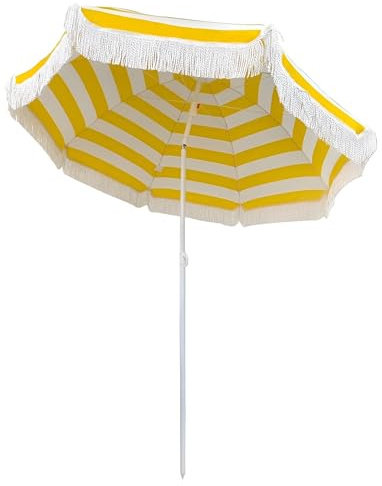 XQJLBZA Sonnenschirm mit Fransen ⌀ 180 cm, Sonnenschutz, UPF 50+ Knickbar Strandschirm Gelb-weiß Gestreift, Höhenverstellbar, Balkonschirm mit Tragetasche