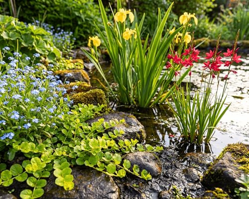 Blühende Teichpflanzen 6er Set - Wasserpflanzen winterhart für Miniteich & Gartenteich - Zone 1 & 2 - Höhe 5-120 cm - Topf 9-11 cm