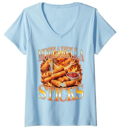 Femme Bâtonnets de Mozzarella Amusants Foodie Bootleg T-Shirt avec Col en V