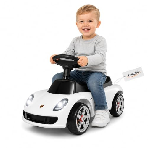 Lemodo, Porsche Carrera GT Rutschauto lizenziert weiß, ab 18 Monaten, Kinderfahrzeug mit Scheinwerfer, Hupe & Sound, leise Kunststoffräder, bis 30 kg, für Wohnung, Terrasse & Garten