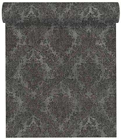 A.S. Création Carta da parati in tessuto non tessuto Secret Garden con decorazioni barocce, 10,05 m x 0,53 m, grigio metallizzato, nero, Made in Germany 336078 33607-8
