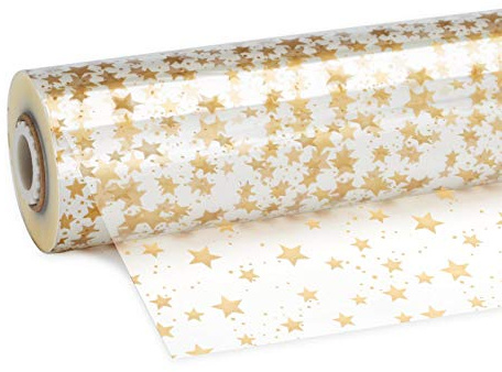 Weinkarton24 Klarsichtfolie Sterne Gold 70 cm x 100 m, Geschenkfolie, Stärke 28µ