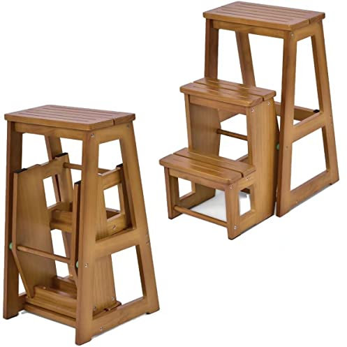 COSTWAY Taburete Plegable, Silla de Madera de 3 Peldaños, Multifunción Escalera Banqueta Estantería Escalón para Baño Hogar Decoración, hasta 150kg (Marrón Claro)