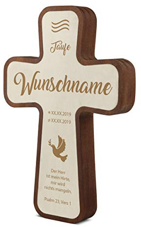 Taufkreuz Kinderkreuz aus langlebigen Kebony- und Pappelholz inkl. individueller Gravur 11x16x2,2cm - Friedenstaube