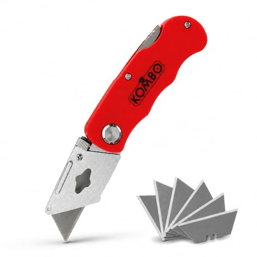 KOMBO - Cutter à Lame Pliable en Acier Inoxydable, Poignée en Métal et ABS – Verrouillage Automatique, 5 Lames Incluses
