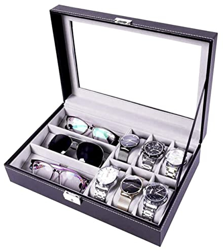 MR Maestro Relojero - Vitrina para Guardar 6 Relojes y 3 Gafas | Piel sintética e Interior Aterciopelado Gris| Ideal para Organización de Gafas, Joyas y Relojes, Muy Practico, Estupendo para Regalo