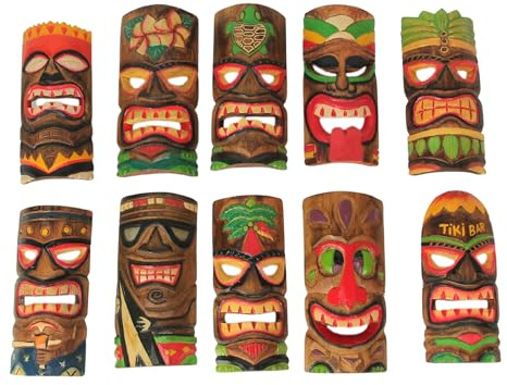 Set mit 10 handgeschnitzten Holzmasken im polynesischen Design, hawaiianisches Tiki-Wandbehang, exquisite 25,4 cm hohe Masken für lebendiges, tropisches Dekor, einfach aufzuhängen, leuchtende Farben