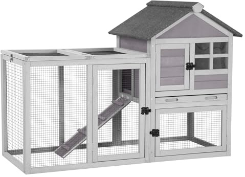 Aivituvin Rabbit Hutch Indoor Outdoor 51.6''L Chicken Coop Bunny Cage with Run,Guinea Pig House Pull Out Upper Tray (51.6 L x 25.2 W x 36.2 H, Grey-1 Set)