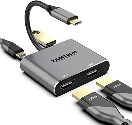 Type C to Dual HDMI adapter splitter for extended display 4 in 1 Adpater for Dual monitors USB Type C multiport Docking Station Adapter 4k 60hz multi display Hub 4 in 1 for Mac-Chrome Book etc